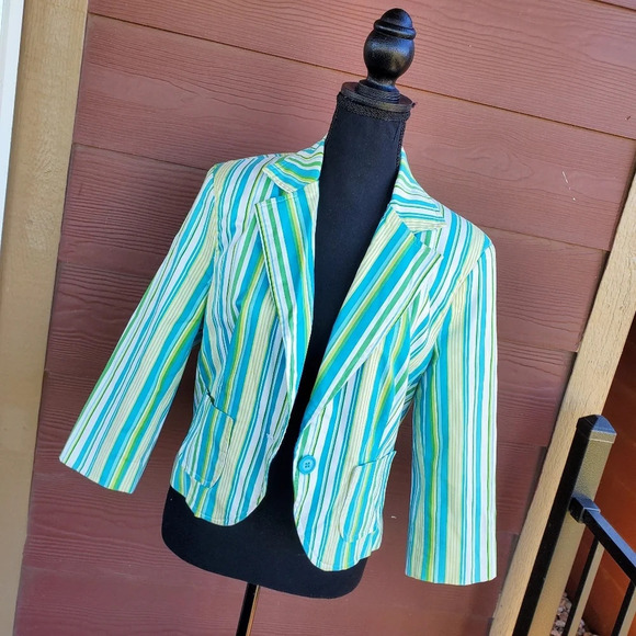 George Women’s Size 12 Turquoise White & Green Striped Long Sleeved Blazer - Picture 2 of 12